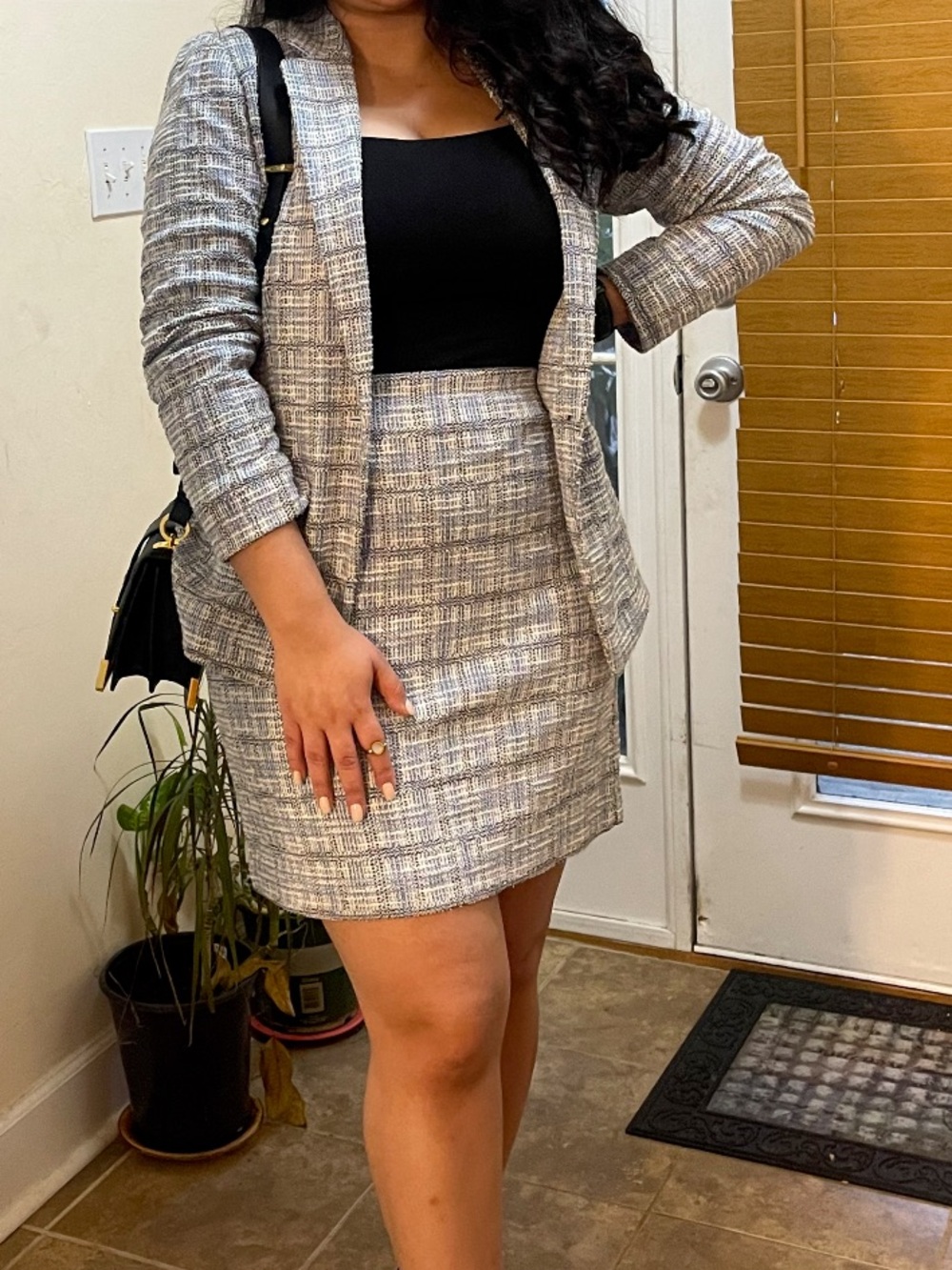 LOFT light blue, white, and black Multi Tweed Mini Skirt and matching blazer